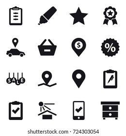16 vector icon set : clipboard, marker, star, medal, car pointer, remove from basket, dollar pin, percent, sale, mobile checking, nightstand