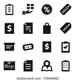 16 vector icon set : clipboard, gift, percent, sale, receipt, account balance, shopping bag, sale label, atm receipt, ticket, map, clipboard list