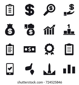 16 vector icon set : clipboard, dollar, dollar magnifier, investment, money bag, money gift, diagram, pedestal, money, medal, mobile checking, golf