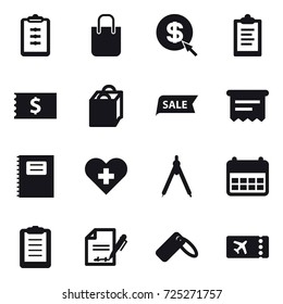 16 vector icon set : clipboard, shopping bag, dollar arrow, receipt, sale, atm receipt, copybook, drawing compass, ticket