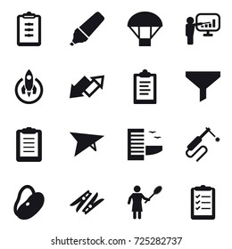 16 vector icon set : clipboard, marker, parachute, presentation, rocket, up down arrow, funnel, deltaplane, hotel, clothespin, woman with pipidaster, clipboard list