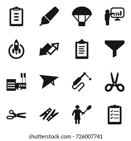 16 vector icon set : clipboard, marker, parachute, presentation, rocket, up down arrow, funnel, mall, deltaplane, scissors, clothespin, woman with pipidaster, clipboard list