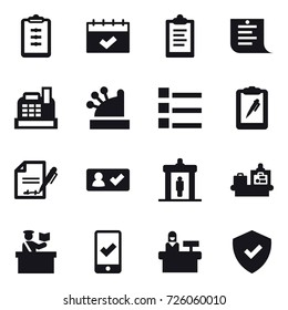 16 vector icon set : clipboard, calendar, shopping list, cashbox, list, check in, detector, baggage checking, inspector, mobile checking, reception