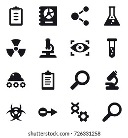 16 vector icon set : clipboard, annual report, molecule, flask, nuclear, microscope, eye identity, vial, lunar rover