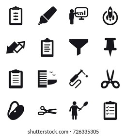 16 vector icon set : clipboard, marker, presentation, rocket, up down arrow, funnel, hotel, scissors, woman with pipidaster, clipboard list