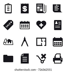16 vector icon set : clipboard, receipt, newspaper, shopping list, sale label, calendar, project, drawing compass, plan