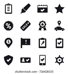 16 vector icon set : clipboard, marker, calendar, star, percent, sale, medal, car pointer, dollar pin, check in, mobile checking, handwheel