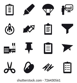 16 vector icon set : clipboard, marker, parachute, presentation, rocket, up down arrow, funnel, mall, deltaplane, scissors, clothespin, clipboard list