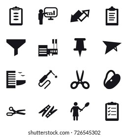 16 vector icon set : clipboard, presentation, up down arrow, funnel, mall, deltaplane, hotel, scissors, clothespin, woman with pipidaster, clipboard list
