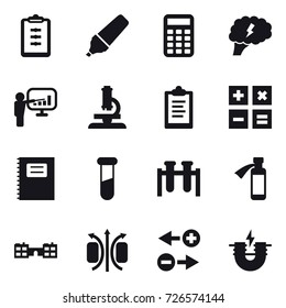 16 vector icon set : clipboard, marker, calculator, brain, presentation, microscope, copybook, school
