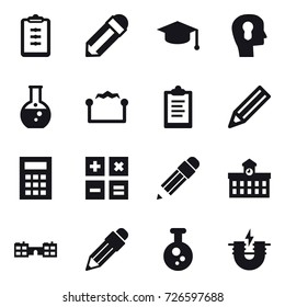 16 vector icon set : clipboard, pencil, graduate hat, bulb head, round flask, electrostatic, calculator, university, school