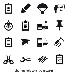 16 vector icon set : clipboard, marker, parachute, presentation, rocket, mall, deltaplane, hotel, scissors, clothespin, clipboard list