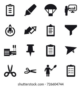 16 vector icon set : clipboard, marker, parachute, presentation, rocket, up down arrow, funnel, mall, deltaplane, scissors, woman with pipidaster, clipboard list