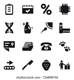 16 vector icon set : clipboard, calendar, percent, chip, dna, cleanser, church, cruise ship, phone, pets, chef knife, strawberry, kitchen cleaning