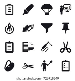 16 vector icon set : clipboard, marker, parachute, presentation, rocket, up down arrow, funnel, hotel, scissors, woman with pipidaster, clipboard list