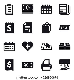 16 vector icon set : clipboard, money, calendar, newspaper, receipt, account balance, shopping bag, sale, project, ticket, hand dryer