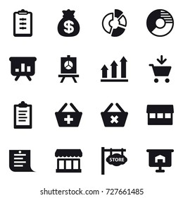 16 vector icon set : clipboard, money bag, circle diagram, presentation, graph up, add to cart, add to basket, delete cart, market, shopping list, store signboard
