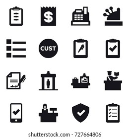 16 vector icon set : clipboard, receipt, cashbox, list, detector, baggage checking, inspector, mobile checking, reception, clipboard list