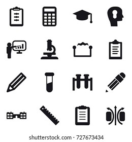 16 vector icon set : clipboard, calculator, graduate hat, bulb head, presentation, microscope, electrostatic, pencil, school, ruler