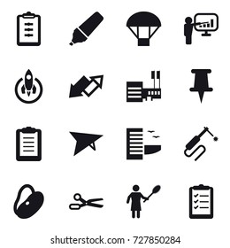 16 vector icon set : clipboard, marker, parachute, presentation, rocket, up down arrow, mall, deltaplane, hotel, scissors, woman with pipidaster, clipboard list