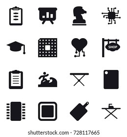 16 vector icon set : clipboard, presentation, chess horse, chip, graduate hat, cpu, cardio chip, shop signboard, surfer, iron board, cutting board