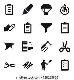 16 vector icon set : clipboard, marker, parachute, rocket, up down arrow, funnel, deltaplane, hotel, scissors, clothespin, woman with pipidaster, clipboard list