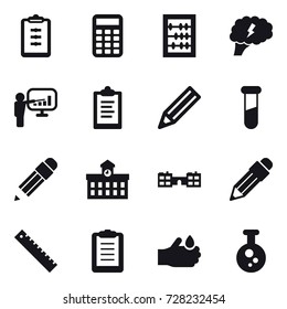 16 vector icon set : clipboard, calculator, abacus, brain, presentation, pencil, university, school, ruler