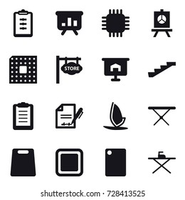 16 vector icon set : clipboard, presentation, chip, cpu, store signboard, stairs, windsurfing, iron board, cutting board