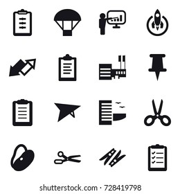 16 vector icon set : clipboard, parachute, presentation, rocket, up down arrow, mall, deltaplane, hotel, scissors, clothespin, clipboard list