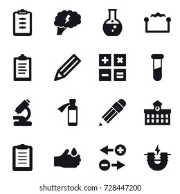 16 vector icon set : clipboard, brain, round flask, electrostatic, pencil, calculator, university