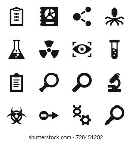 16 vector icon set : clipboard, annual report, molecule, virus, flask, nuclear, eye identity, vial, magnifier