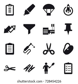 16 vector icon set : clipboard, marker, parachute, rocket, up down arrow, funnel, mall, scissors, clothespin, woman with pipidaster, clipboard list