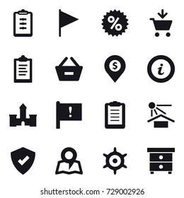 16 vector icon set : clipboard, flag, percent, add to cart, remove from basket, dollar pin, info, castle, map, handwheel, nightstand