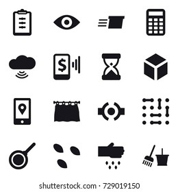16 vector icon set : clipboard, eye, delivery, calculator, cloud wireless, mobile pay, 3d, curtain, pan, seeds, sow, bucket and broom