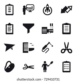 16 vector icon set : clipboard, presentation, rocket, up down arrow, funnel, mall, deltaplane, hotel, scissors, woman with pipidaster, clipboard list
