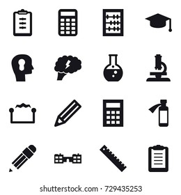 16 vector icon set : clipboard, calculator, abacus, graduate hat, bulb head, brain, round flask, microscope, electrostatic, pencil, school, ruler