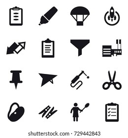 16 vector icon set : clipboard, marker, parachute, rocket, up down arrow, funnel, mall, deltaplane, scissors, clothespin, woman with pipidaster, clipboard list