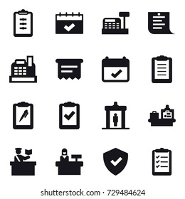 16 vector icon set : clipboard, calendar, cashbox, shopping list, atm receipt, detector, baggage checking, inspector, reception, clipboard list