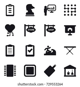 16 vector icon set : clipboard, chess horse, presentation, chip, cardio chip, store signboard, shop signboard, surfer, iron board, cutting board, utility room