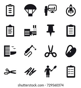 16 vector icon set : clipboard, parachute, presentation, rocket, mall, hotel, scissors, clothespin, woman with pipidaster, clipboard list