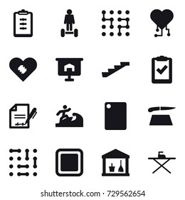 16 vector icon set : clipboard, hoverboard, chip, cardio chip, presentation, stairs, surfer, cutting board, utility room, iron board