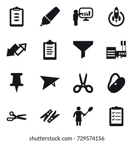 16 vector icon set : clipboard, marker, presentation, rocket, up down arrow, funnel, mall, deltaplane, scissors, clothespin, woman with pipidaster, clipboard list