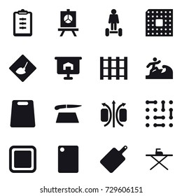 16 vector icon set : clipboard, presentation, hoverboard, cpu, under construction, surfer, cutting board, iron board