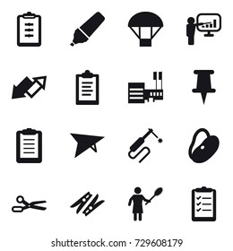 16 vector icon set : clipboard, marker, parachute, presentation, up down arrow, mall, deltaplane, scissors, clothespin, woman with pipidaster, clipboard list
