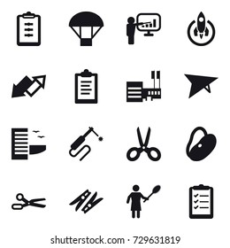 16 vector icon set : clipboard, parachute, presentation, rocket, up down arrow, mall, deltaplane, hotel, scissors, clothespin, woman with pipidaster, clipboard list