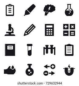 16 vector icon set : clipboard, marker, brain, round flask, microscope, pencil, calculator, copybook