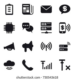 16 vector icon set : clipboard, newspaper, mail, money message, chip, discussion, server, phone pay, loudspeaker, wireless