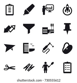 16 vector icon set : clipboard, marker, presentation, rocket, up down arrow, funnel, mall, deltaplane, hotel, scissors, clothespin, woman with pipidaster, clipboard list