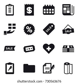 16 vector icon set : clipboard, receipt, calendar, newspaper, gift, percent, sale label, sale, ticket, paper towel