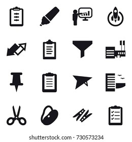 16 vector icon set : clipboard, marker, presentation, rocket, up down arrow, funnel, mall, deltaplane, hotel, scissors, clothespin, clipboard list
